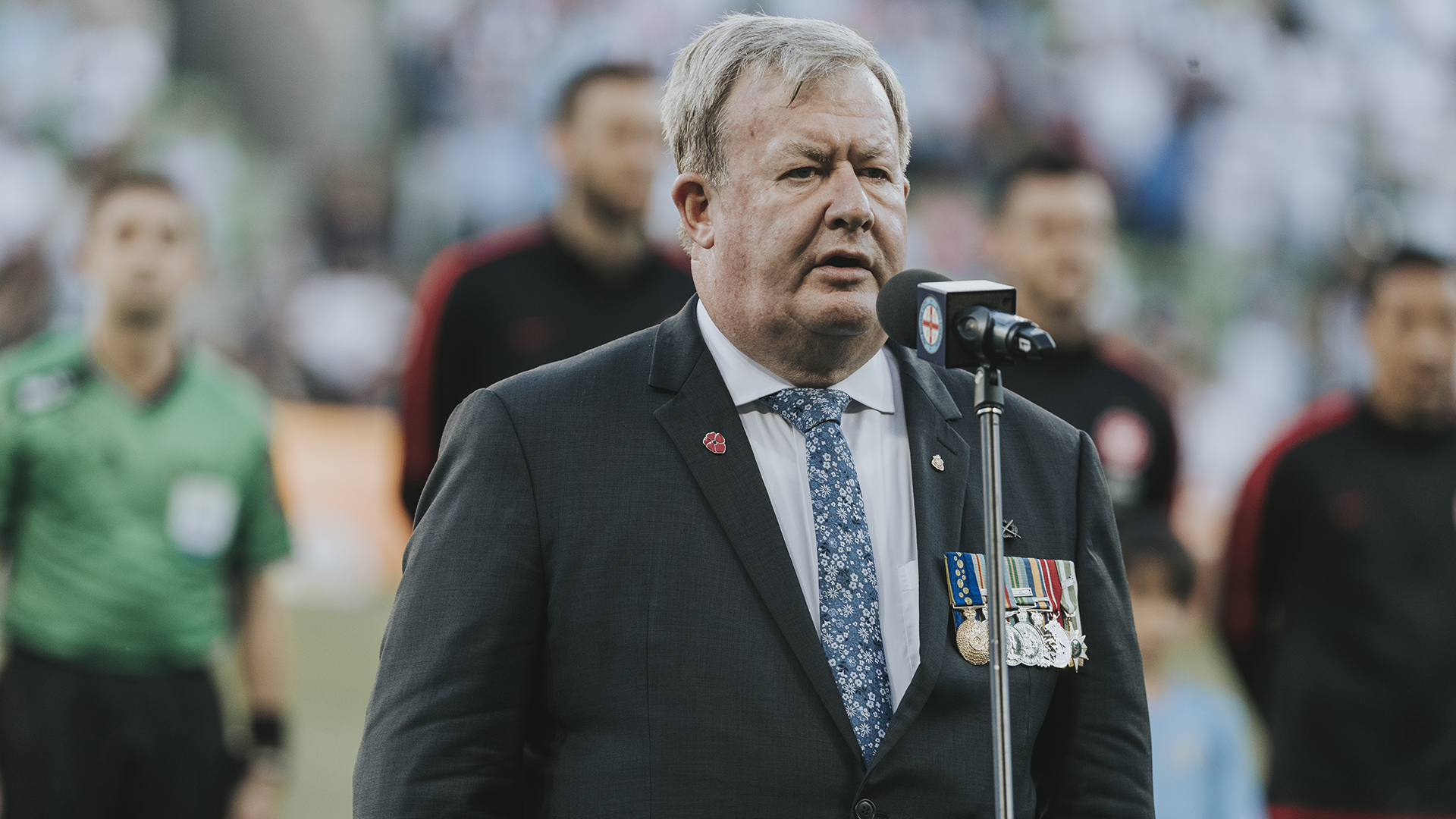 Peter J. Smith OAM recites the Ode at AAMI Park
