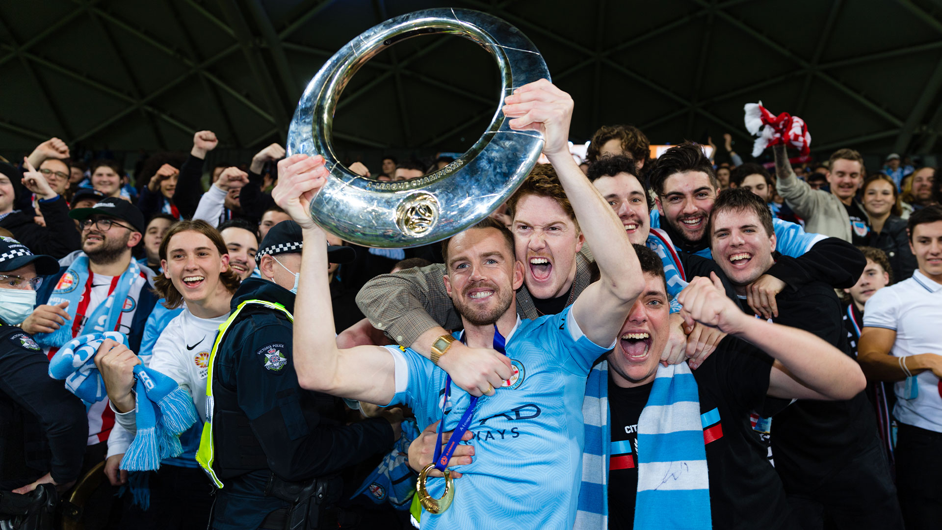 Craig Noone celebrates winning the A-League Championship with the fans