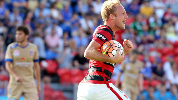 Mitch Nichols celebrates a goal during the Wanderers' 1-0 win over Newcastle Jets.
