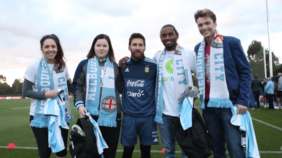 Lionel Messi surprises young CanTeen heroes at City Football Academy in Melbourne